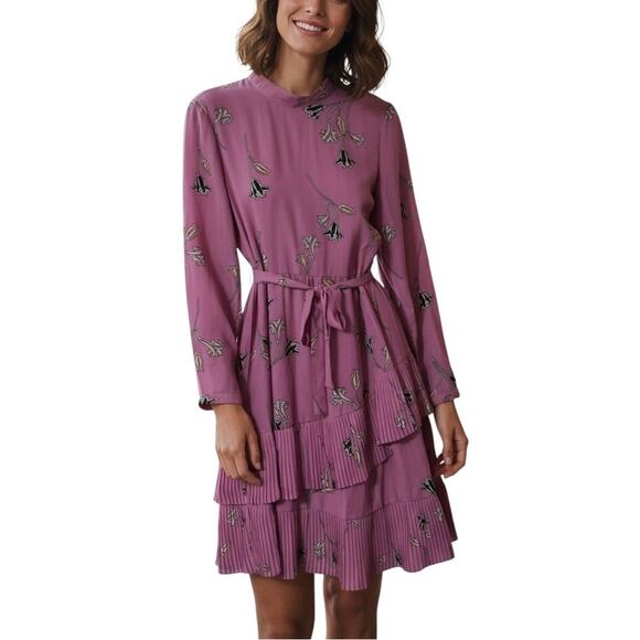 Vero Moda Elena Pink Floral Print Long Sleeve Tiered Midi Dress Size L - Picture 1 of 9